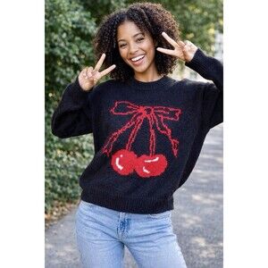 Women Black Cute Cherry Novelty Graphic Sweater Coquette Twee Oversized Size Med